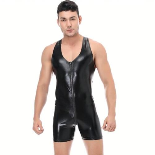Erotic underwear sexy mens one-piece bright patent leather one-piece open crotch nightclub stage ds costume