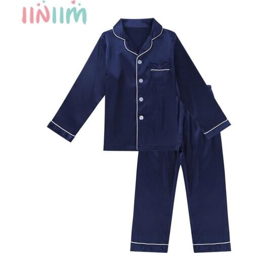 Iiniim Unisex Kids Boys Girls Two Piece Clasic Silk Pajamas Set Button-Down Long Sleeve Tops with Pants Set Sleepwear Loungewear