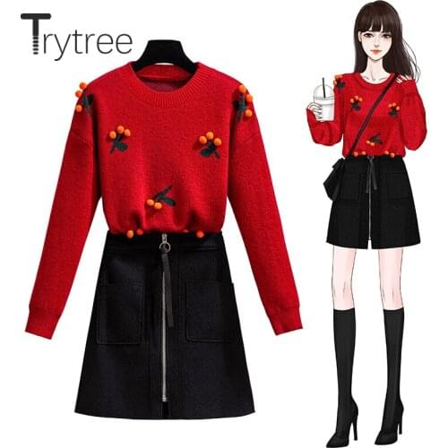 Trytree 2021 Autumn Winter Two Piece Women Sets O-neck Cherry Appliques Sweater + Tweed Blends Zip Mini Skirt Sweet 2 Piece Set
