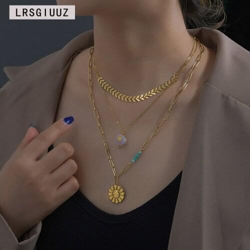 Retro Multi-layer Fashion Sunflower Pendant 14k Stainless Steel Necklace Womens Street Trend 2021 New Wheat Ear Clavicle Chain