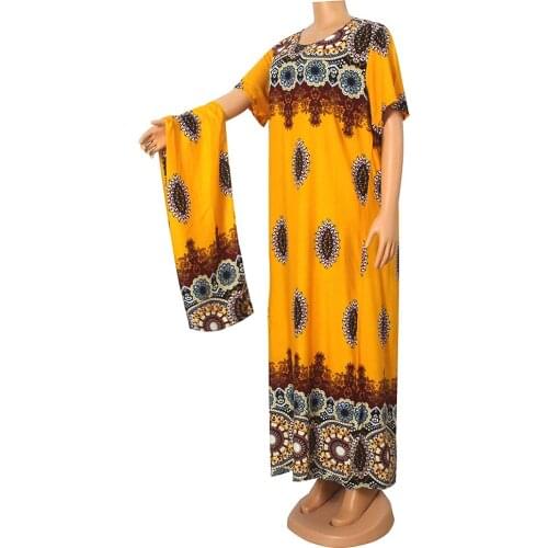 Mr Hunkle Multicolor O-Neck Print Cotton Short Sleeve Dress Women Autumn Boho Loose High Waist Dresses with scarf