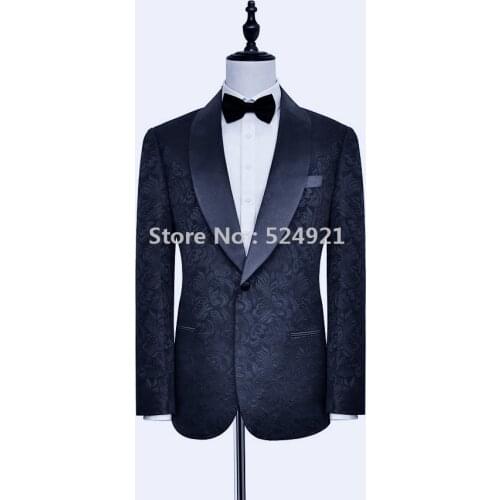 New Groomsmen Navy Blue Pattern Groom Tuxedos Shawl Lapel Men Suits Side Vent Wedding/Prom Best Man ( Jacket+Pants+Tie ) C280