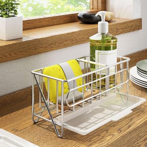 Sink Caddy Organizer Countertop Sponge Brush Soap Holder with Drain Pan Stainless Steel for Kitchen