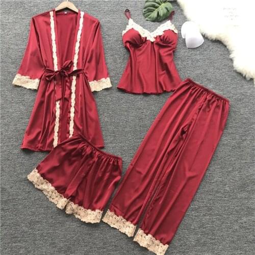 Women Pajamas Satin Sleepwear Female with Chest Pads Sexy Lace Silk Sleep Lounge 4 Pieces Sets Elegant Ladies home clothes