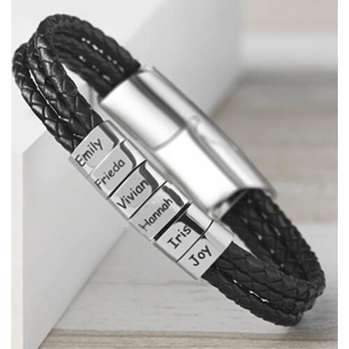 Hand-Woven Multi-layer Pulseras Para Hombre Stainless Steel Braided Leather Bracelet 6pcs-Name Engraved Jewelry for Mens Jewelry