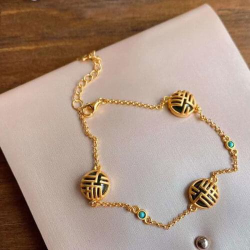 Natural Jasper round Bracelet Womens Sterling Silver Ethnic Style Retro Artistic Bracelet Womens Chinese Style Fu Character Ja