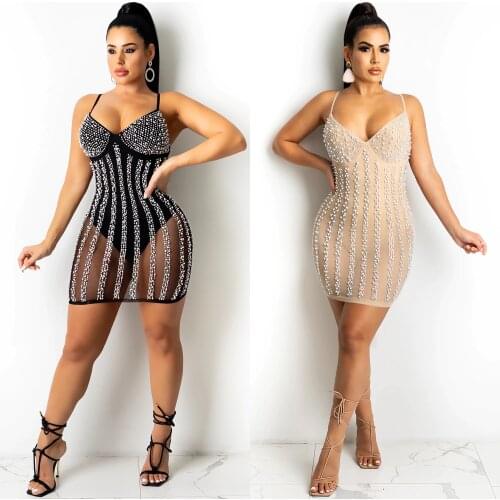 Sexy Rinestone Diamonds Sheer Mesh Bodycon Mini Dress With Underwear Club Party Backless Vestidos See Through Elegangt Robe 2021