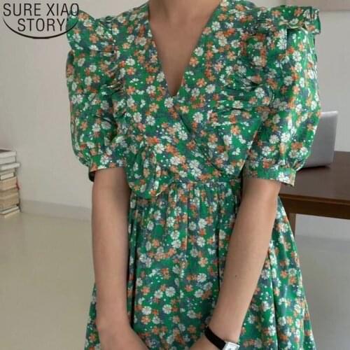 Chiffon Dress Summer 2021 Korean Chic Sweet V-neck Ruffle Floral Dress Bubble Sleeve Casual Dresses for Women Vestidos 15039
