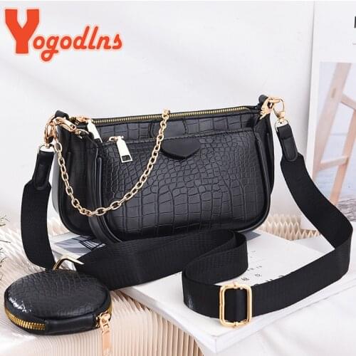 Yogodlns 3pcs Set Fashion Crocodile Pattern Handbag Women PU Leather Crossbody Bag Luxury Chains Shoulder Bag Female Armpit Bag