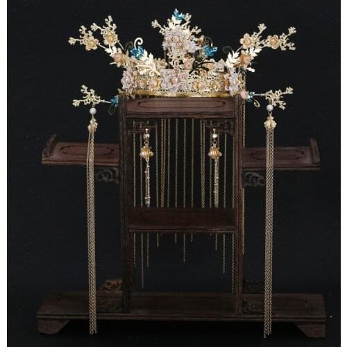 Chinese-style blue crystal alloy flower coronet wedding bridal hair decoration Brides wedding hair jewelry