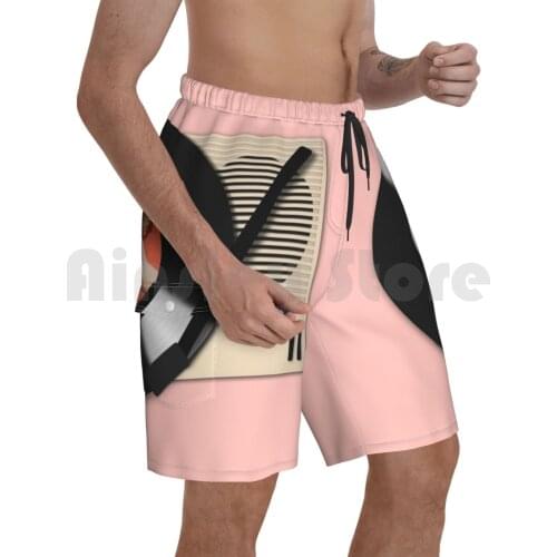 Vinyl Records Player Beach Shorts Men Beach Pants Swim Trunks Vinyl Music Hipster Retro Player Sketch Pink