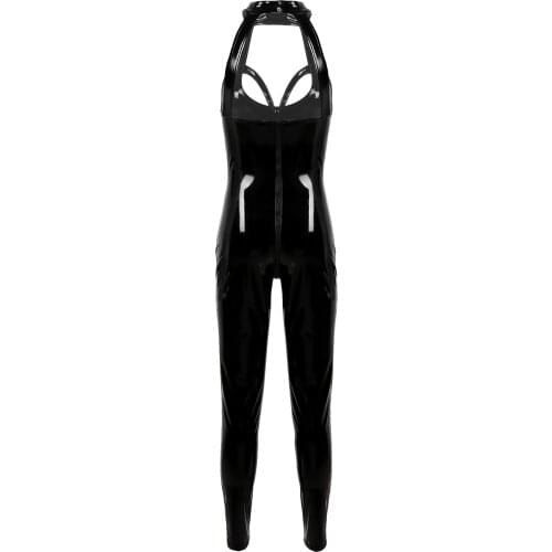 Womens Adult Fashion Clubwear Dance Jumpsuits Costume Leather Bodysuit Zipper Jumpsuit Latex Clubwear Party Rave Clothes