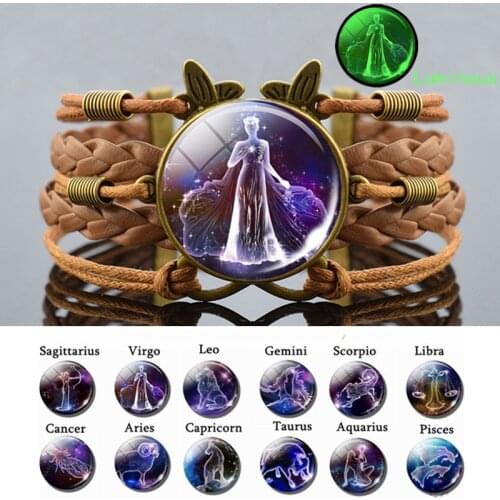 Glow In The Dark 12 Zodiac Sign Bracelet Bangle Cancer Leo Aquarius Gemini Constellation Leather Braided Bracelet Birthday Gift