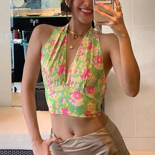 Women Casual Off Shoulder Backless Mesh Y2K Beach Sleeveless Tank Tops Summer Floral Print Halter Neck Crop Top Sexy