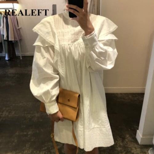 REALEFT 2021 New Chic Ruffles Womens Dress Elegant Lace Patchwork High Waist Lantern Sleeve Straight Female White Dress Spring