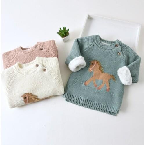 Teenster Winter Baby Girl Clothes Cartoo Horse Embroidery Sweater Cute Knit Fleece Thickened Warm Toddler Boys Outfits