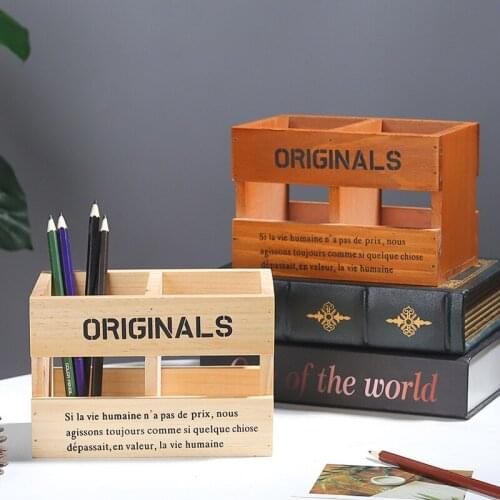 2 Grids Retro Wooden Hollow Pen Holder Creative Home Office Desk Stationery Storage Ornaments
