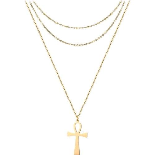Stainless Steel 3 Layer Chain Ankh Pendant Necklace for Women Men Multilayer Chain Egypt Jewelry