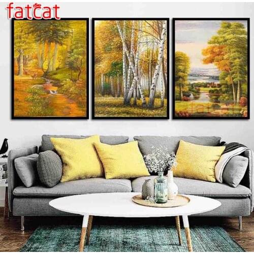 FATCAT Autumn forest landscape diy 5d diamond painting full square round mosaic embroidery sale triptych kits decoration AE2513