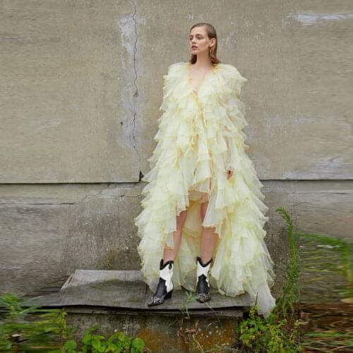 Light Yellow Ruffles High Low Tulle Dress Long Tiered Sleeveless Formals Dress For Birthday Photo Shoot Plus Size Party Wear