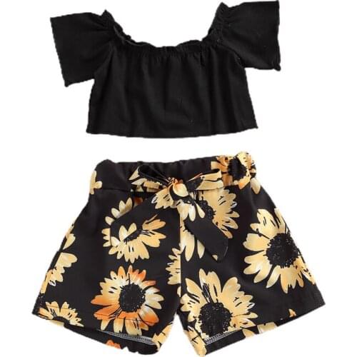 2021 Girls 2-piece Outfit Set Off Shoulder Tops+Sunflower Print Shorts Set for Children Suit Fashion Girls Clothing Set