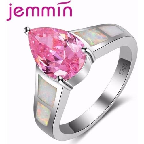 Beautiful Romantic White Fire Opal Ring with Pink Color Crystal Ring Jewelry For Women Wedding Anniversary