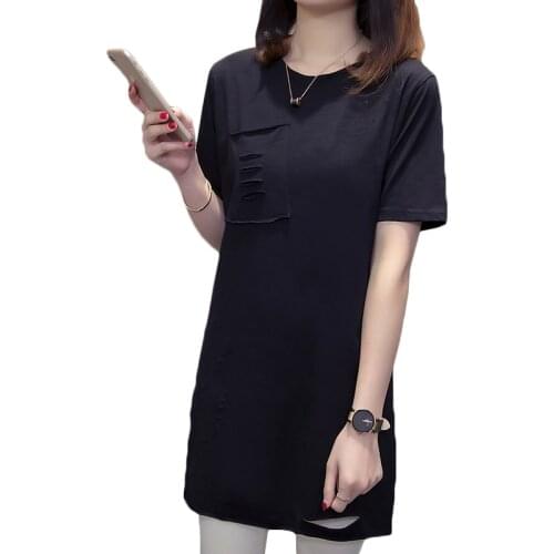 Summer Women Cotton T-shirts Korean Wild Female Personality Hole Shirt Womens Casual Loose White Tops Ladies Solid T-shirt Black