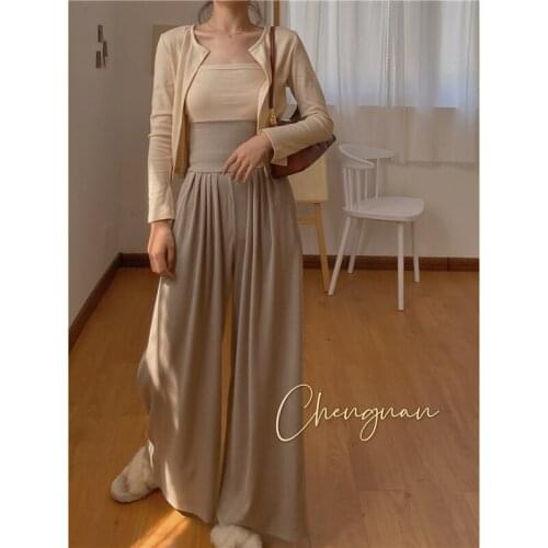 Fahion Women Long Wide Leg Pants Corset High Waist 2021 New Spring Autumn Loose Casual Sweatpants Black Blue Apricot Trousers