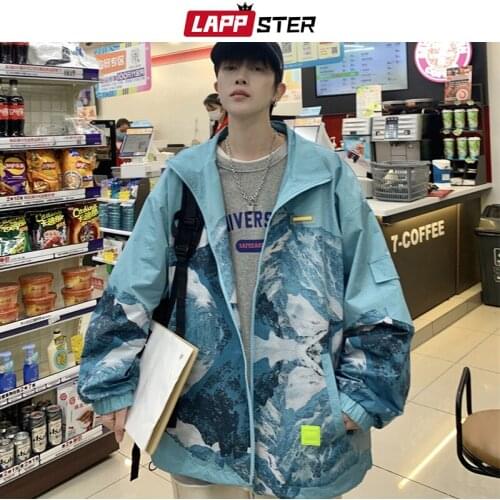 LAPPSTER Men Harajuku Snow Moutains Oversized Jacket Coats 2021 Mens Japanese Streetwear Varsity Jacket Man Kpop Y2k Windbreaker