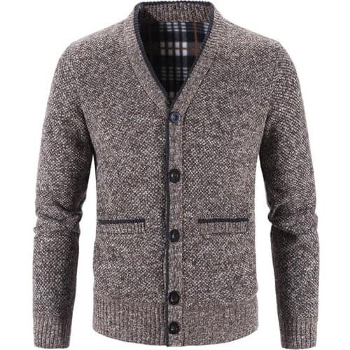 Men Knitted Coat 2021 Solid Color V Neck Autumn Winter Thicken Plush Warm Cardigan Sweater for Daily Wear