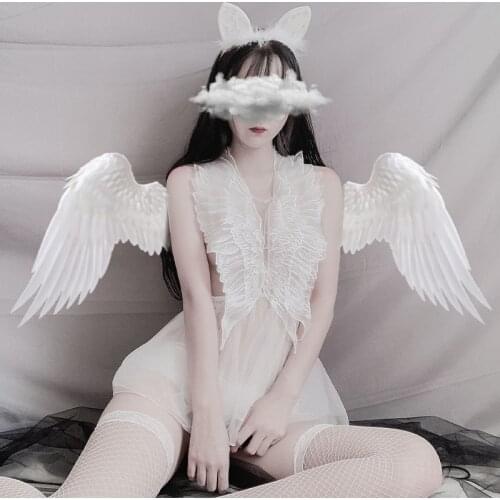 Angel Wings Sexy Nightdress Lace Embroidery Perspective Net Yarn Women Lingerie Mesh Cute Night Dress with G-string Nightwear