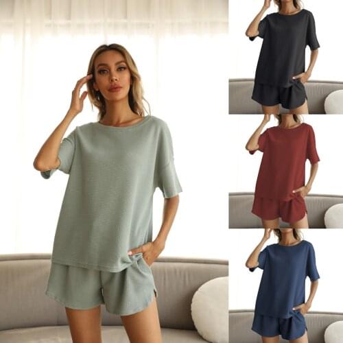 2021 Spring Summer New European And American Womens Rib Short-Sleeved Home Solid Color Casual Two-Piece Suit