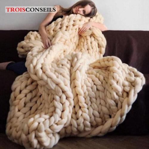 Fashion Hand Made Chunky Merino Wool Blanket Thick Big Yarn Roving Knitted Plaid Blanket Warm Throw Blanket For Sofa Plaid Cover