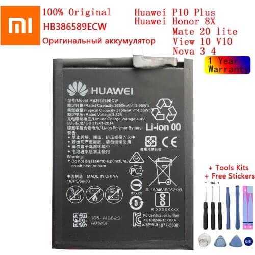 Original For Huawei Honor 8X Battery HB386589ECW 3750mAh Full Capacity for Huawei View 10 Lite Battery Replacement +Free Tools