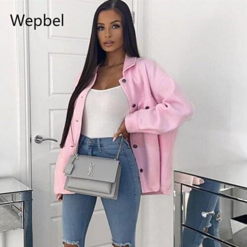WEPBEL Women Pink Coat Casual Jacket Single Breasted Shirt Coat for Autumn Fashion Casual Solid Color Jackets