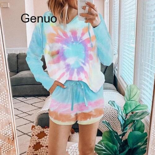 Tie-dye Lounge Wear Sleepwear Fashion Women Summer Two Pieces Set Hooded Pajamas Loose Home Clothes Suit Nightwear Womenswear