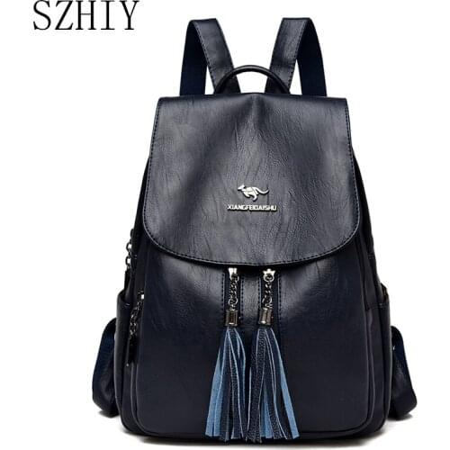 Waterproof Simple Backpack Leather Women School Bags Tassel Designer Travel High Quality Luxury Black Leisure Vintage Backpacks