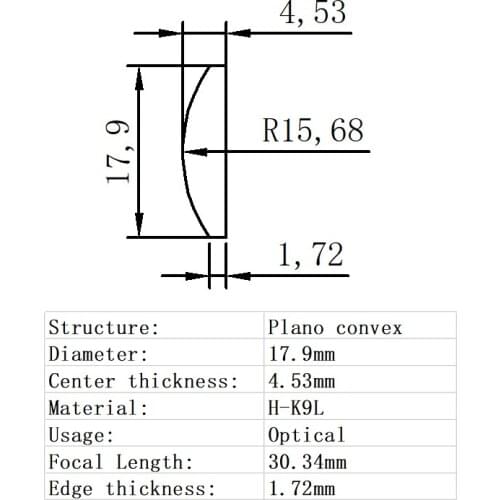 Plano Convex Lens Diameter 17.9mm Focal Length 30.34mm H-K9L Glass Lens Optical Glass Optical Lens