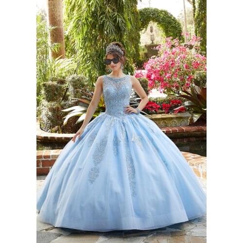 Embroidered Crystal Beaded Tulle Quinceanera Dress Sheer Lace Beading Hollow Back Blue Organza Party Prom Sweet 16 Dresses