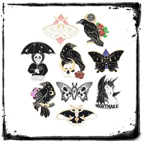 Skeleton Moth Butterfly Brooches for Women Men Gothic Punk Star Moon Dark Black Enamel Pin Metal Badges Halloween Jewelry Gifts