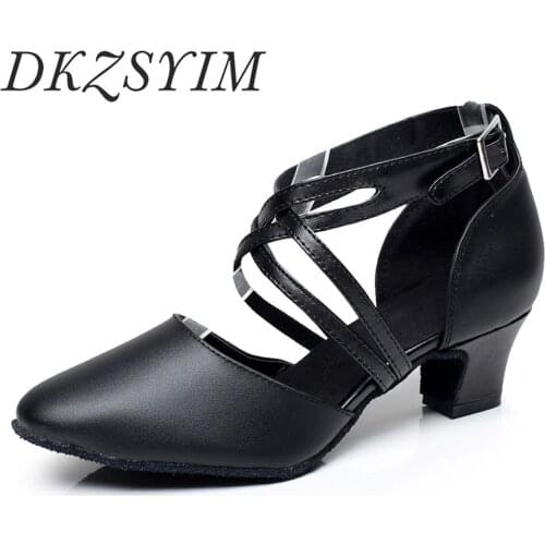 DKZSYIM ladies dance latin shoes ballroom leather black /red tango shoes ladies closed toe women high heel Hot selling