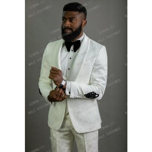 Men Suits For Wedding 2020 Tailor Made Smoking White Floral Blazer 3 Piece Prom Suits Groomsmen Groom Mens Tuxedo Bridegroom