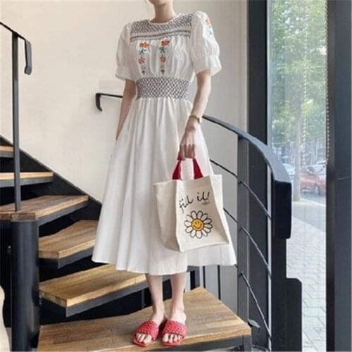 Korean Style Embroidered Waist Dress Women