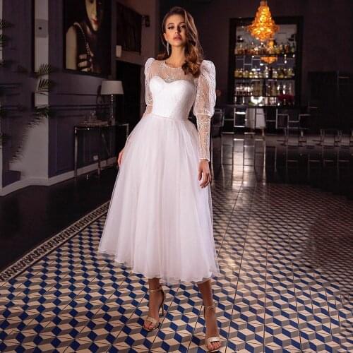 UZN Elegant Short A Line Lace Wedding Dress Beading Scoop Neckline Tulle Bridal Gown With Beading Belt Vestido De Novia