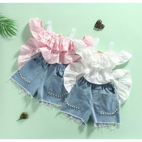 Sweet Cute Girls Clothes Sets Summer Kids Ruffles Off Shoulder Solid Ruffles Dress Tops Pearl Denim Shorts 2pcs Outfits for 2-7Y