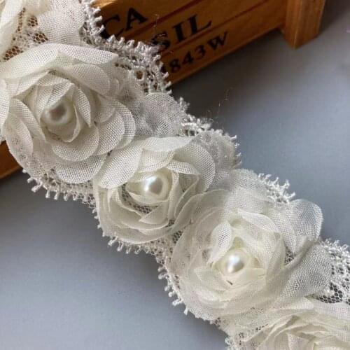 2 Yard Ivory Pearl Soluble Flower Embroidered Lace Trim Ribbon Floral Applique Fabric Handmade Wedding Dress Sewing Craft New