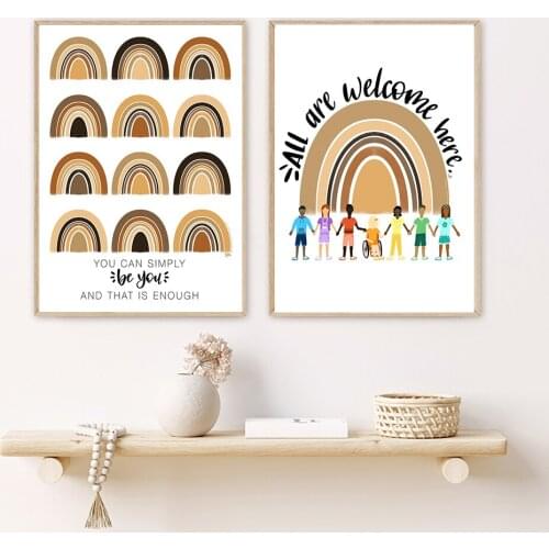 Abstract Rainbow Wall Art Canvas Painting Nursery Rainbow Minimalist "All Are Welcome Here" Quote Poster Print Home Kids Decor