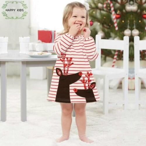 DOZ381 2019 Childrens Christmas Dresses For Girls stripe Party Baby Girl Kids Christmas reindeer Dress 1-6y Girl Clothing