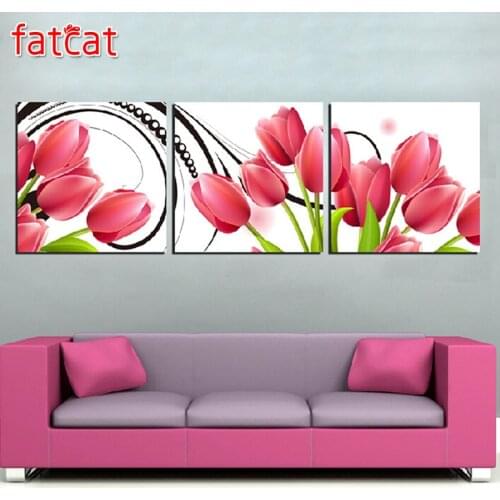 FATCAT 5d diy diamond painting Red tulip flower full square round drill diamond embroidery rhinestone triptych home decor AE250