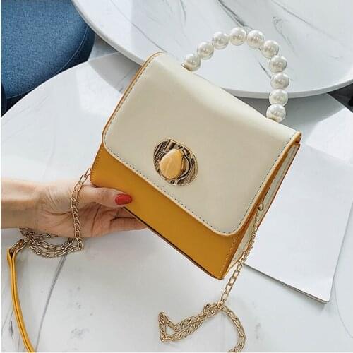 Leather Shoulder Bag Pearl Chain Hangbags Purse for Women Small Trapeziform Messenger Crossbody Purse Handbag for Girls